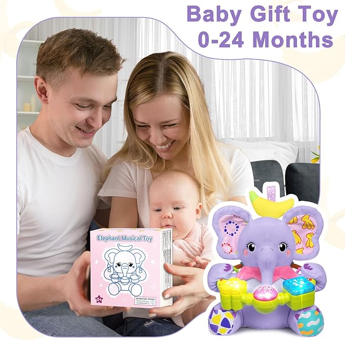 Holaxander Baby Elephant Musical Stuffed Animals Toy with Light-Up Music & Crinkle Sound Paper,Infant Bilingual Early Learning Education Toys,Tummy Time Toys for 0-3-6-12+ Months Boy Girl, Purple