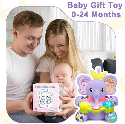 Holaxander Baby Elephant Musical Stuffed Animals Toy with Light-Up Music & Crinkle Sound Paper,Infant Bilingual Early Learning Education Toys,Tummy Time Toys for 0-3-6-12+ Months Boy Girl, Purple