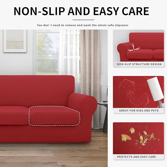 Easy-Going 100% Dual Waterproof Loveseat Cover Stretch Soft Couch Cover for Dogs, Sofa Slipcover for 2 Separate Cushion Couch Leakproof Furniture Protector for Kids, Pets Christmas Red