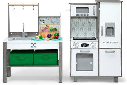 Delta Children Gourmet All-in-One Corner Play Kitchen - Toy Kitchen Playset with Safe & Heatless Stove with Lights, Oven, Sink, Fridge/Freezer with Ice Maker and 20 Accessories, Natural/White