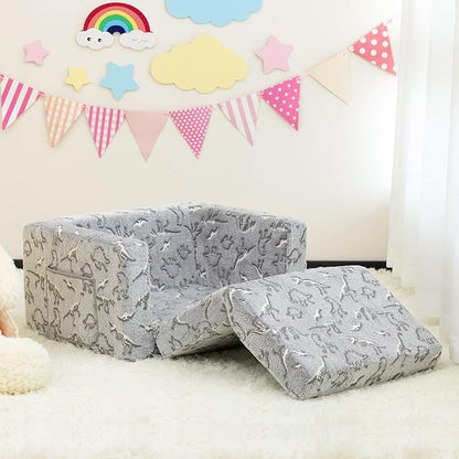 ALIMORDEN 2-in-1 Flip Out Cuddly Sherpa Toddler Couch, Convertible Sofa to Lounger, Glow in The Dark,Dinosaurs