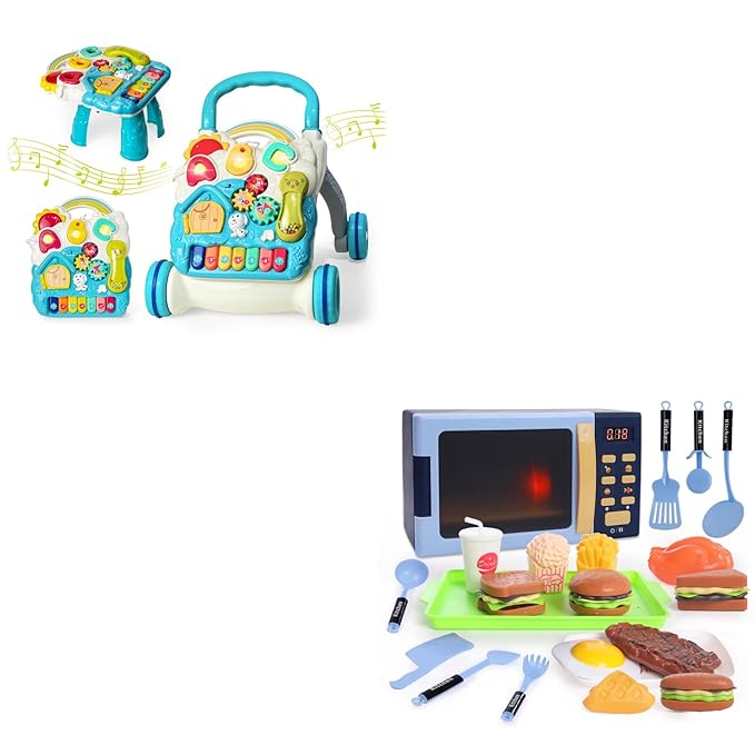 Sit to Stand Baby Walker, Activity Center with Music and Light, Kids Microwave Toy with Light and Sound, Realistic Toy Kitchen Appliances