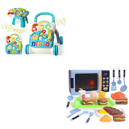 Sit to Stand Baby Walker, Activity Center with Music and Light, Kids Microwave Toy with Light and Sound, Realistic Toy Kitchen Appliances