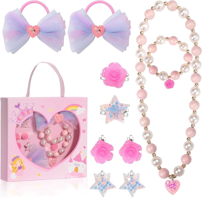 PinkSheep Little Girl Jewelry 10PCS Toddler Jewelry for Girls 3/4/5/6/7/8 yrs old Girl Play Jewelry Box Girl Necklace Girl Bracelet