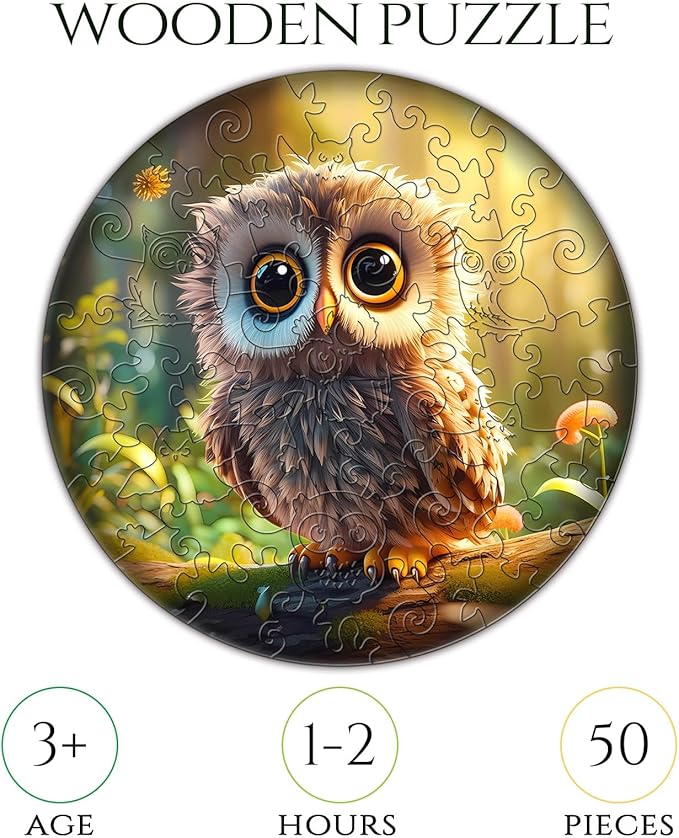 Wooden Jigsaw Puzzles for Kids Ages 4-6, 50 Piece Unique Shape Animal Theme Puzzle - Preschool Learning Educational Toys for Kids 3+, Valentines Day Birthday Easter Gifts for Kids Girls Boys (owl)