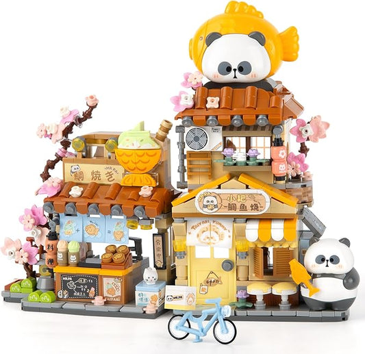 Finger Rock Street View Mini City Taiyaki Shop Building Set, Cute Panda Animals Building Toys Creative Architecture Set, Ideas Gifts for Adults Kids 8+ (858PCS)