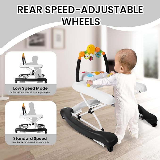 Boyro Baby Baby Walker, 5-in-1 Baby Walkers for Boys and Girls 6-12 Months with Bouncer, Removable Footrest, Feeding Tray & Music, Foldable & Adjustable Activity Walker for 6-18 Months Toddler Infant