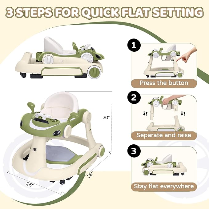 Baby Walker with Wheels, 5-in-1 Foldable Infant Toddler Walker for Boys Girls 6-18 Month, Music Walker for Baby with Car Steering Wheel &Removable Footrest,Baby Push Walker Green