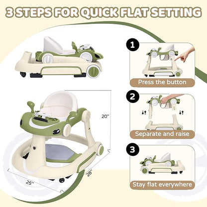 Baby Walker with Wheels, 5-in-1 Foldable Infant Toddler Walker for Boys Girls 6-18 Month, Music Walker for Baby with Car Steering Wheel &Removable Footrest,Baby Push Walker Green