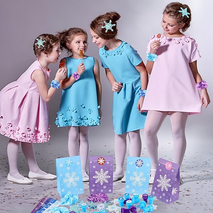 LiYiQ 122Pcs Winter Snow Themed Party Favors with Drinking Straws Slap Bracelets Stamps Stickers Hair Clip Hair Scrunchies Gift Bags for Kids Girls Snowflake Party Favors Baby Shower Party Supplies