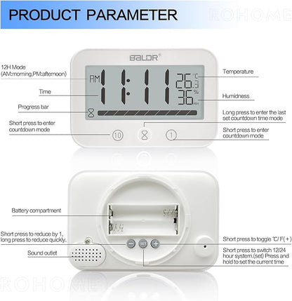 Waterproof Hanging Timer for Bathroom, Digital Kids Shower Clock with Temperature & Humidity, 99 Minutes Countdown Timer with Alarm, Water Resistant Large LCD Visual Timer, 2 Hooks Included (White)