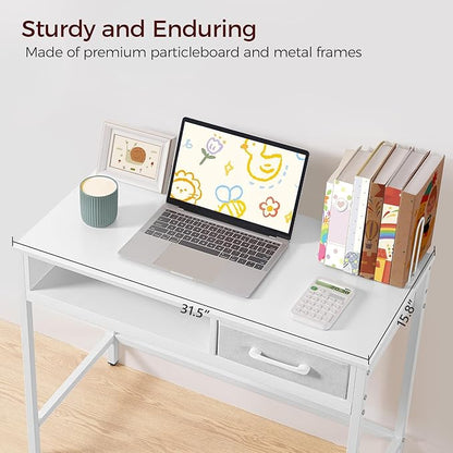Kids Desk and Chair Set, Student Writing Desk, Kids Study Desk with Book Sorter and Fabric Drawer, Kids Wooden Study Table, for Study, Kids Room, Bedroom, White KDBW11901N1