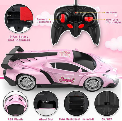 Growsland Remote Control Car for Girls, 1:18 Pink RC Cars Toys for Kids Girl Electric Vehicle Toy Car Hobby Racing Car with Lights & Controller, Birthday Gifts for Girl Boys Age 3 4 5 6 7 8 9 Year Old