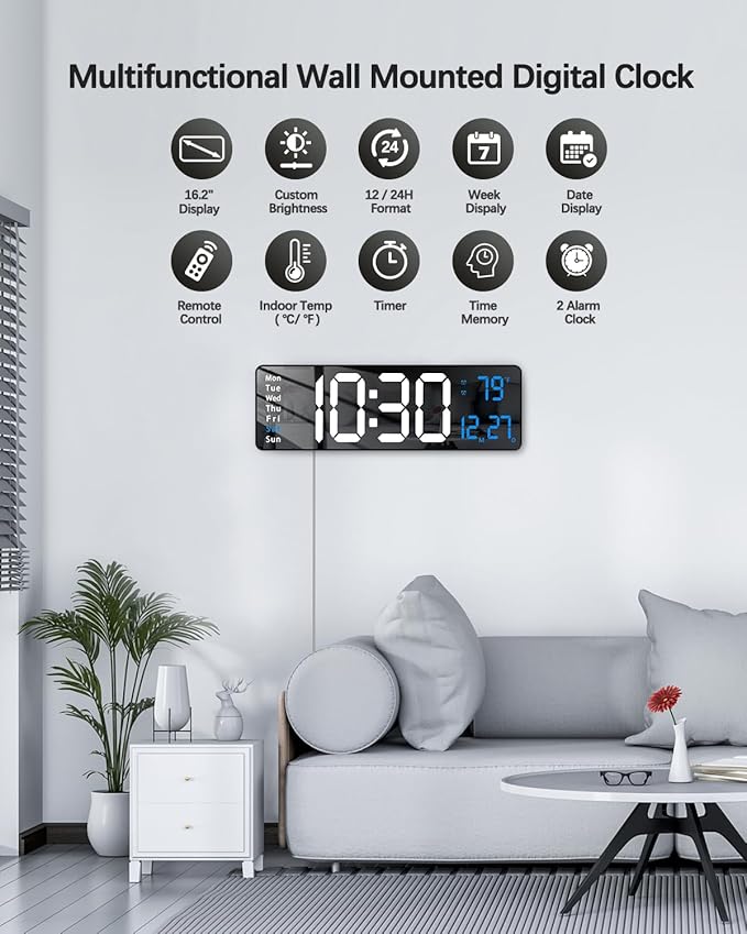 JoFomp Modern 16" Large Digital Wall Clock with Remote Control, LED Display, Auto-Dimming, Countdown, Temperature, Calendar - 12/24Hr Format - Silent Wall Clock for Home, Office, or Gym Use (Blue)