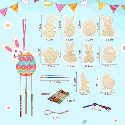 Fennoral 30 Pack Easter Wind Chime Kit for Kids Make You Own Bunny Egg Wind Chimes DIY Coloring Wooden Easter Art and Craft for Easter Hanging Ornaments Easter Party Decoration