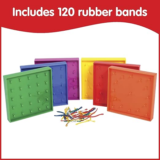 edxeducation Double-Sided Geoboard Set | Set of 6 with Rubber Bands | Ages 3+ | Math Resources, Fine Motor Skills for Kids | 5 x 5 Grid/12 Pin Circular Array