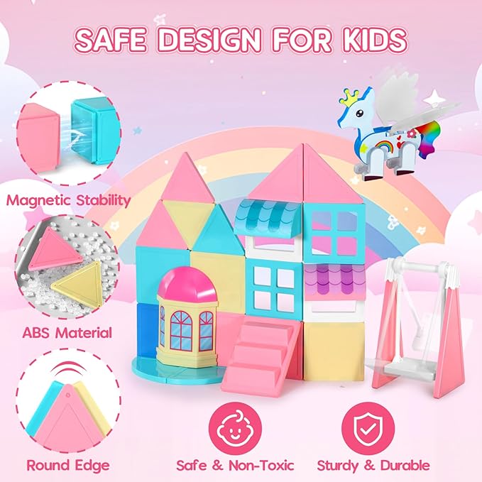 Unicorn Magnetic Tiles, Unicorn Toys for Girls Age 4-6, Princess Castle Magnet Toy for Kids Ages 4-8, Movable Magnetic Tiles 3D Educational Sensory Toys, Xmas Birthday Gifts for Boys and Girls