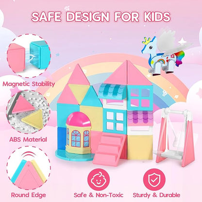 Unicorn Magnetic Tiles, Unicorn Toys for Girls Age 4-6, Princess Castle Magnet Toy for Kids Ages 4-8, Movable Magnetic Tiles 3D Educational Sensory Toys, Xmas Birthday Gifts for Boys and Girls