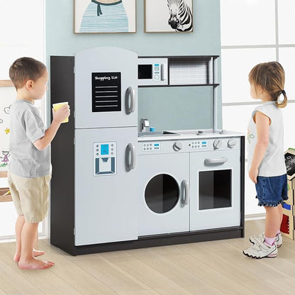 Costzon Kids Kitchen Playset, Wooden Pretend Play Toy Set with Realistic Sound, Microwave, Oven, Washing Machine, Refrigerator, Sink, Play Kitchen for Toddlers, Gift for Boys Girls Age 3+