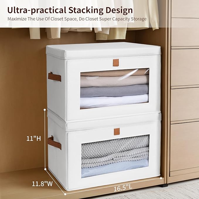 Homsorout Large Clothing Storage Bins - Collapsible Boxes with Handles & Window, Decorative Organizer Bins with Lids, Fabric Containers for Living Room, Dorm, 4 Pack, White