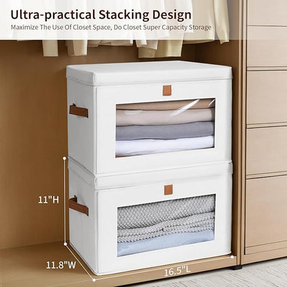 Homsorout Large Clothing Storage Bins - Collapsible Boxes with Handles & Window, Decorative Organizer Bins with Lids, Fabric Containers for Living Room, Dorm, 2 Pack, White