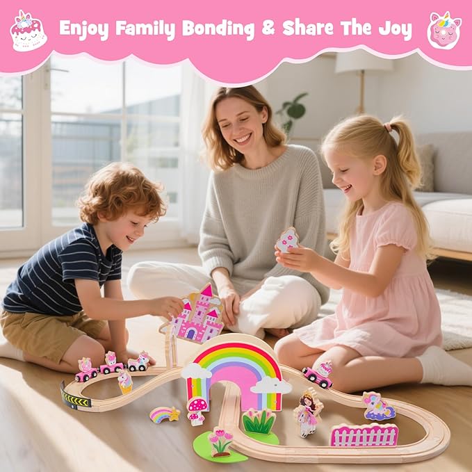 SIMPLIPLAY Wooden Train Set - 43PCS Unicorn Magnetic Toy Train Sets with Wooden Train Tracks & Bridge for Girls Toddlers, Enhance Fine Motor Skills, Ideal for Birthday