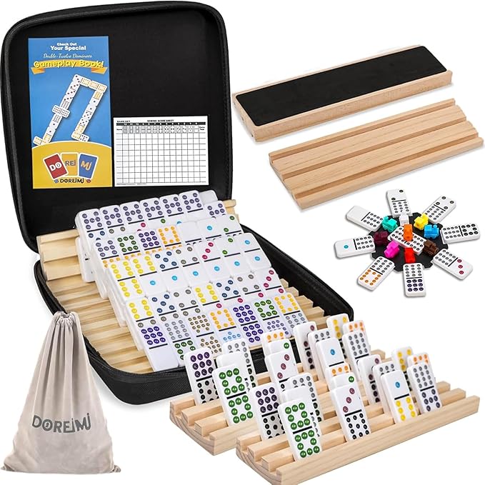 Mexican Train Dominoes Set with 8 Wooden Racks, Double 12 Colored Dot Dominoes with Update Hub, Travel Domino Train Game with 91 Tiles and Portable Carry Case, Family Board Team Games