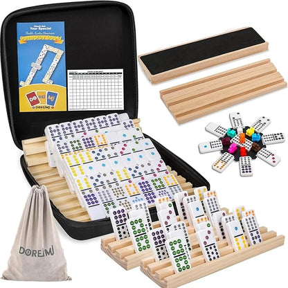 Mexican Train Dominoes Set with 8 Wooden Racks, Double 12 Colored Dot Dominoes with Update Hub, Travel Domino Train Game with 91 Tiles and Portable Carry Case, Family Board Team Games