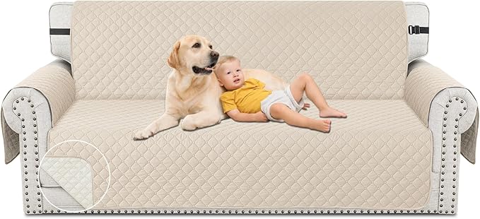 XINEAGE Quilted Sofa Cover Waterproof Couch Covers for 3 Cushion Couch, Super Soft Washable Slipcover with Pockets & Non-Slip Elastic Straps, Thick Furniture Protector (Sofa, Beige)