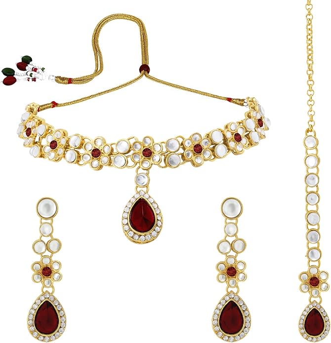 Aheli Traditional Gold Plated Kundan Beads Studded Choker Necklace Dangle Earrings & Maangtikka Set Ethnic Fashion Jewellery Gift for Women