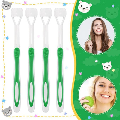 Boao 4 Pieces Three Sided Toothbrush Autism Sensory Toothbrush Bristle Travel Brush for Kids Complete Teeth Gum Care Good Angle Clean Tooth, Soft and Gentle(Green)