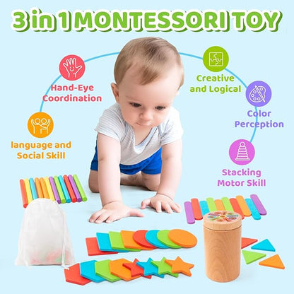 Montessori Wooden Toddler Toys， 3-in-1 Fine Motor Skills Learning Set ，Educational Color Sorting Sensory Toys for 3+ Year ， Teaches Object Permanence & Cause-Effect ，Gifts for Boys & Girls