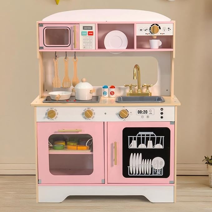 Garsing Play Kitchen Pretend for Kids Toddlers, Double Sided Toy Kitchen and Restaurant with Realistic Features, Wooden Toy Kitchen Sets with Storage and Accessories, Age 3+, Pink