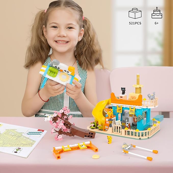 QLT QIAOLETONG Cute Cat House Toy Building Set for Girls 6-12, Compatible with Lego Friends, 521 PCS Friendship House Building Blocks Kit with Animals, Ideas Birthday Gift for Kids Boys 8-12