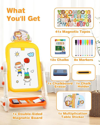 Kids Art Easel for Toddler 3-8, 4 in 1 Standing Rotatable Drawing Board with Painting Accessories, Large Magnetic Child White Board & Chalkboard Learning Educational Toy for Boys Girls Gift with Case