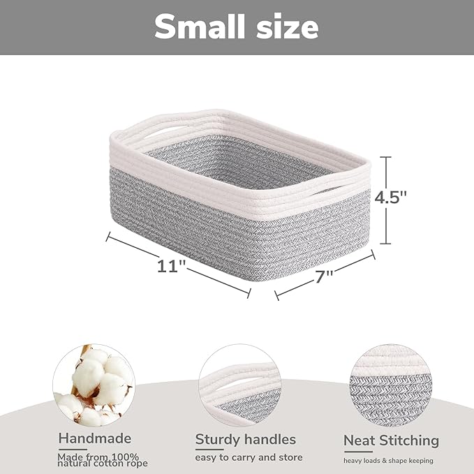 Goodpick Storage Bins, Baskets for Shelves, Cotton Rope Basket for Organization, Closet Organizer Bins, Towel Baskets for Bathroom 3 Pack, White & Light Gray, 11 x 7 x 4.5 in