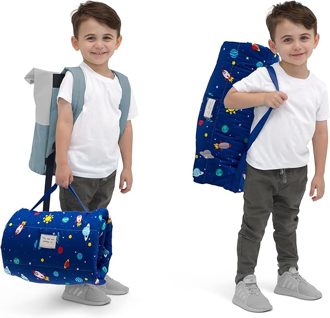 Delta Children Nap Mat - Includes Pillow & Blanket for Toddlers and Kids; Features Carry Handle w/Strap Closure and Name Tag; Rollup Design is Ideal for Preschool and Daycare; Personalization Optional