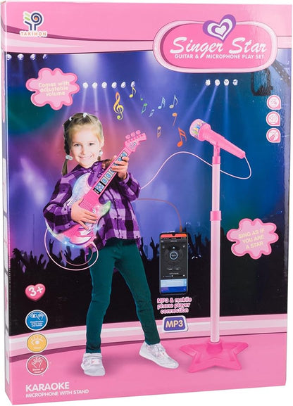 TAKIHON Guitar and Microphone Set for Kids,Guitar Toys with Music&Colorful Light,Adjustable Height Microphone with Stand,Karaoke Toys Gift for Boy,Girls,Toddlers(Red)-Upgraded