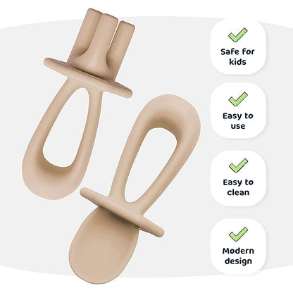 Tiny Twinkle Silicone Training Utensils - Baby Spoons and Baby Forks For Self-Feeding Training - Silicone Baby Led Weaning Utensils For Toddlers And Babies 6-24 Months - Baby Feeding Supplies (Sand)