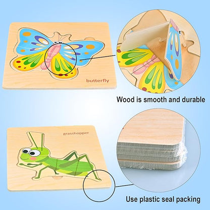Wooden Puzzles for Toddlers 1-3, 8pcs Shapes, Insect Animal Themed Montessori Toys for 1 Year Old Learning, Educational Preschool Toys for Boys Girls