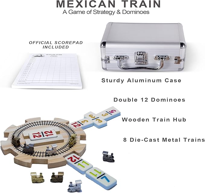 Mexican Train Dominoes Set Double 12 Color with Numbers and Wooden Hub 8 Metal Trains and Aluminum Case