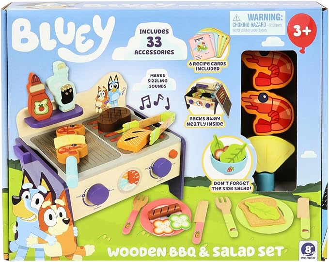 Bluey – Wooden BBQ and Salad Set, 33-Piece Colorful Playset with Tongs and Food Pieces – Realistic Role-Play & Imaginative Fun for Ages 3 Years and Up