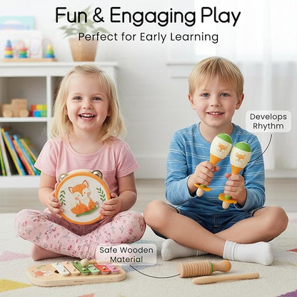 Wooden Musical Instruments Set for Toddlers, Natural Wood Percussion Instruments Xylophone Gift Set for Girls Boys Kids ,Preschool Educational Musical Toys with Storage Bag (Orange Set)