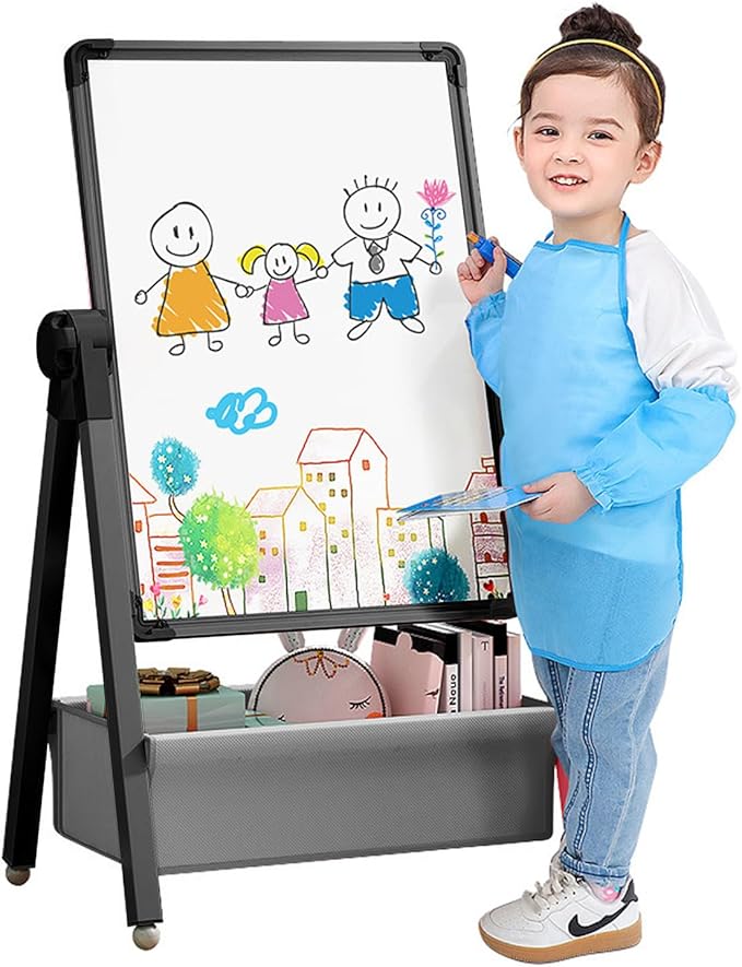 Art Easel for Kids, Double Sided Kids Easel Drawing Board, Whiteboard & Chalkboard for Kids, 360°Rotating Adjustable Kids Easel Art Set, Standing Erasable Easel Board, Easel for Classroom (Black)
