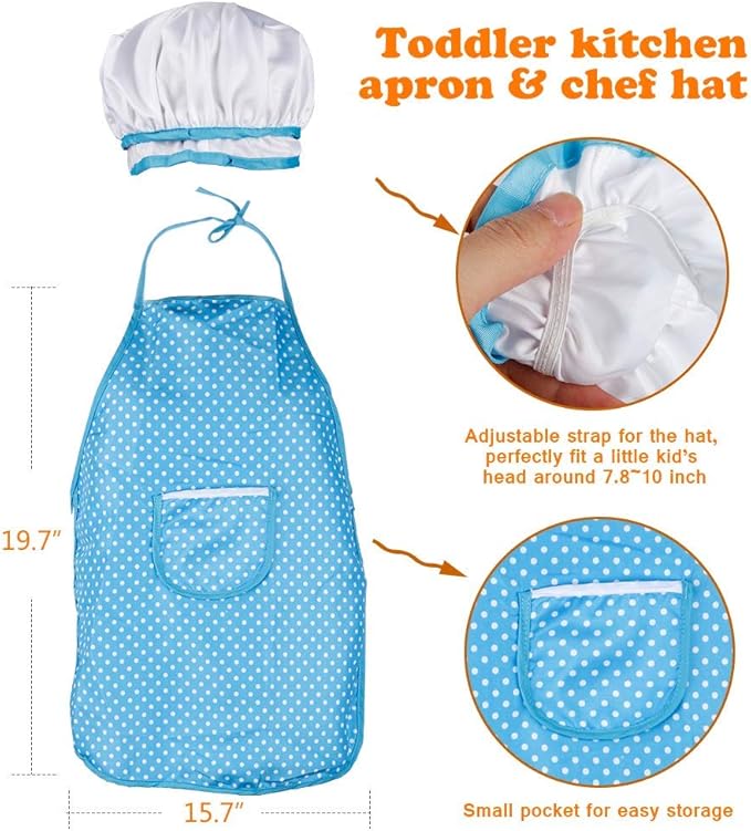 D-FantiX Play Kitchen Accessories, Kids Play Pots and Pans Playset with Mini Stainless Steel Pretend Play Cooking Toys, Cookware Utensils, Apron and Chef Hat, Cutting Food for Toddler Boys Girls