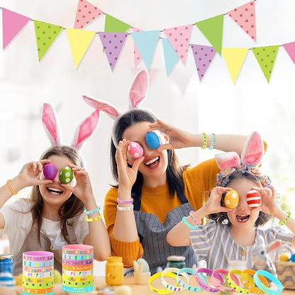 JUNEBRUSHS 24Pcs Easter Party Favors Silicone Bracelets Egg Bunny Rubber Wristbands for Kids Teens Easter Basket Fillers Gift Party Decorations (8 Designs)