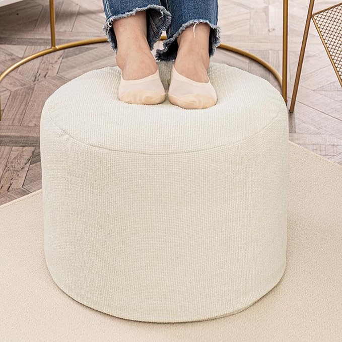 Sturdy Boucle Pouf Ottoman Foot Rest Nice Living Room Decor Lightweight Ottoman Pouf Filler Comfort Pouf Cover Modern Foam Stuffed Poof Perfect to Rest Your Feet No Need Assemble Ivory