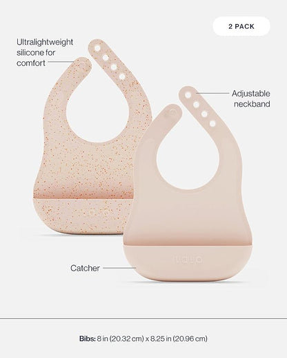 Lalo First Bites Silicone Baby Feeding Set - Baby Led Weaning Supplies - Non-Toxic Silicone - Includes 2 Bibs, 2 Spoons, Training Cup, Suction Plate and Bowl - 6 Pieces - Grapefruit