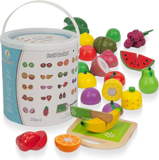 Wooden Play Food for Kids Kitchen, 38PCS Cutting Fruits Toys for Toddlers Pretend Vegetables Gift for Boys Girls Educational Toys (Fruit Bucket)