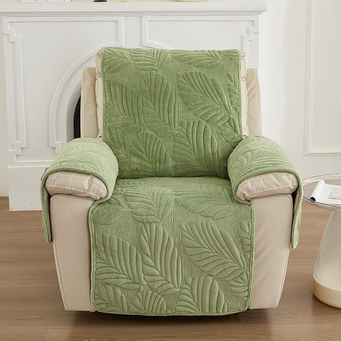 vctops Palm Leaves Velvet Plush Quilted Recliner Chair Cover Anti-Slip Super Soft Furniture Protector with Elastic Straps for Kids, Dogs, Pets, Green